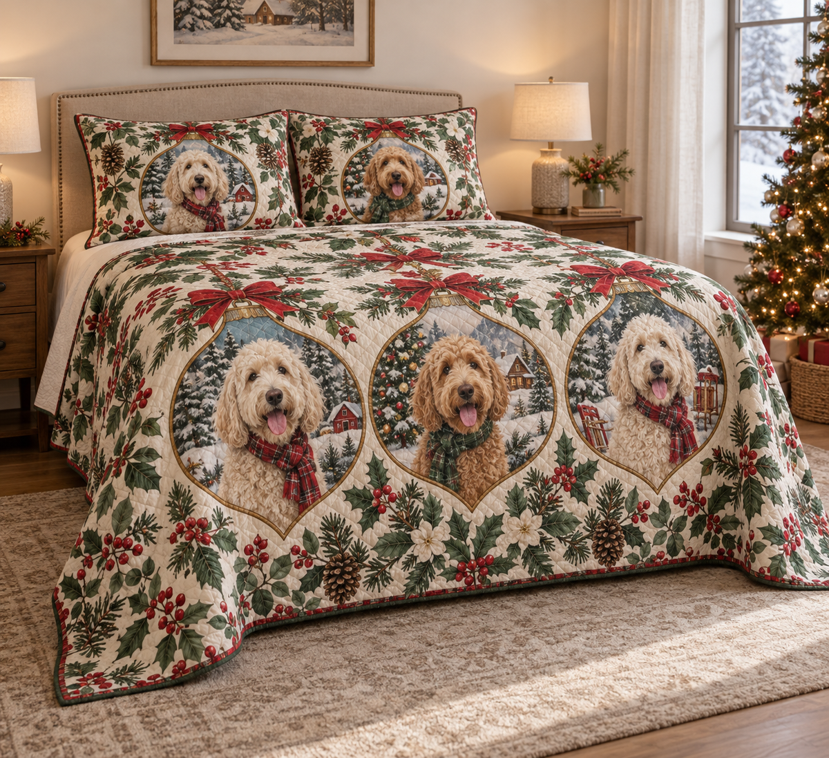 Labradoodle Ornament Medallions Christmas Quilt Set, low side-angle bedroom view