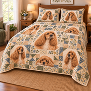 Cocker Spaniel Heritage Patchwork Quilt Set, low side-angle bedroom view