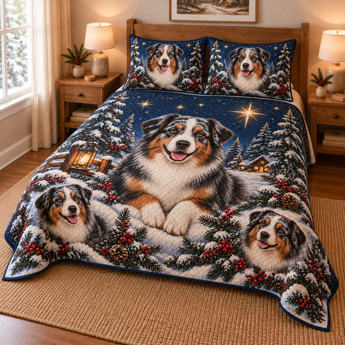 Australian Shepherd Starlit Christmas Forest Quilt Set, low side-angle bedroom view
