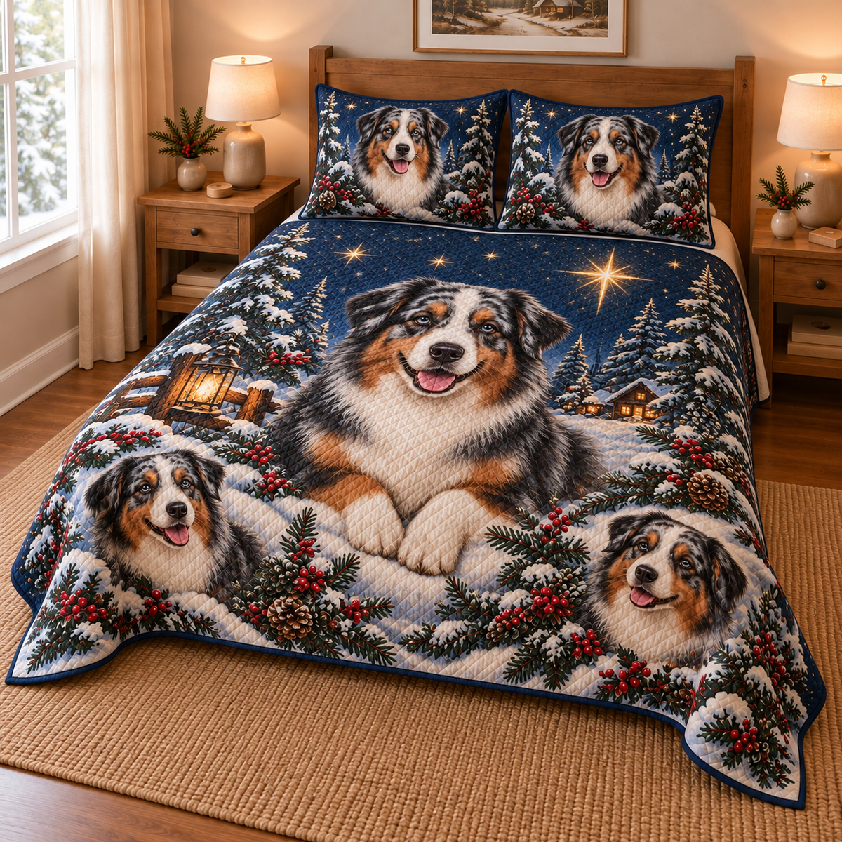 Australian Shepherd Starlit Christmas Forest Quilt Set, low side-angle bedroom view