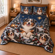 Australian Shepherd Starlit Christmas Forest Quilt Set, low side-angle bedroom view