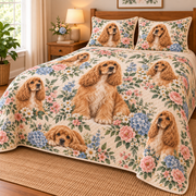 Cocker Spaniel Cottage Floral Quilt Set, low side-angle bedroom view