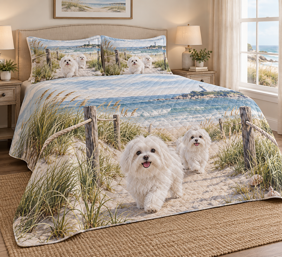 Maltese Coastal Morning Quilt Set, low side-angle bedroom view