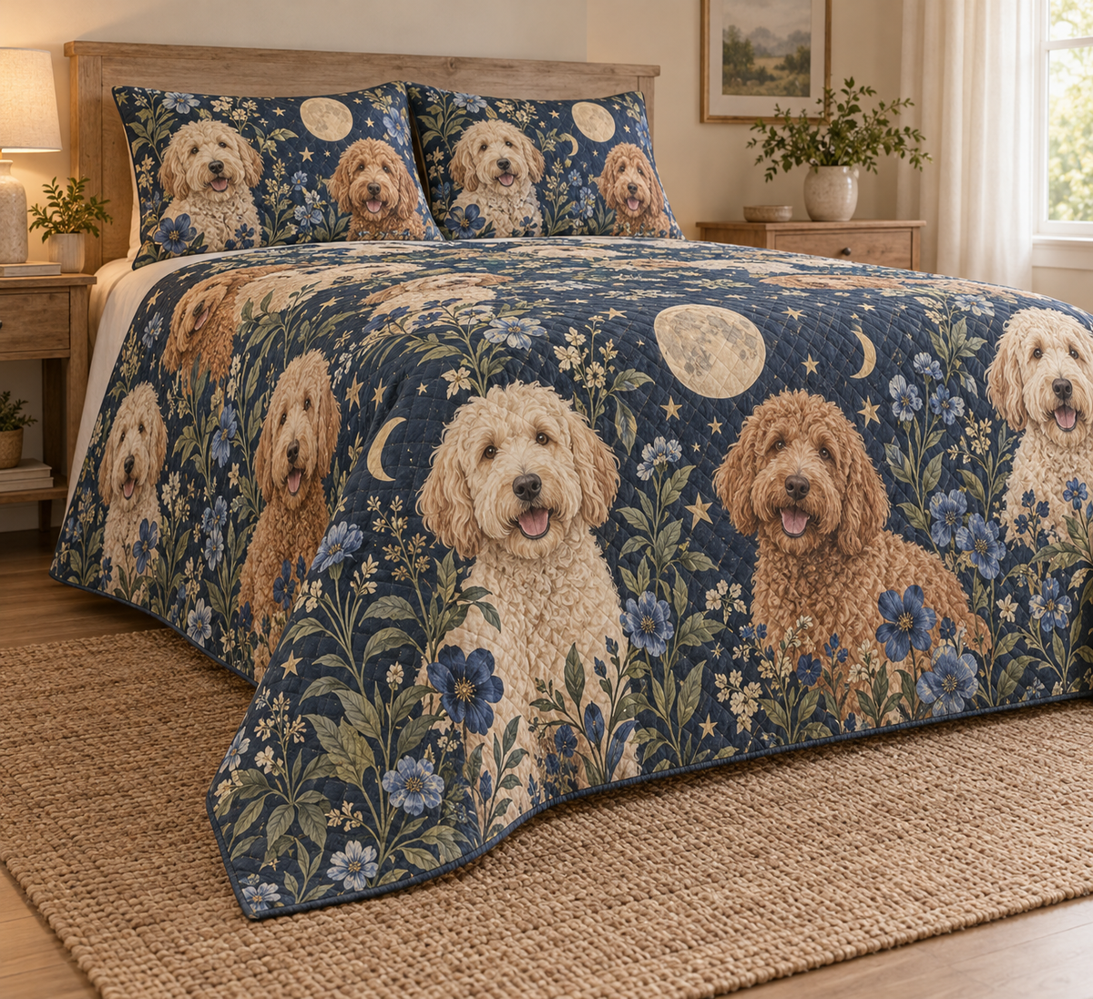 Labradoodle Celestial Night Quilt Set, low side-angle bedroom view