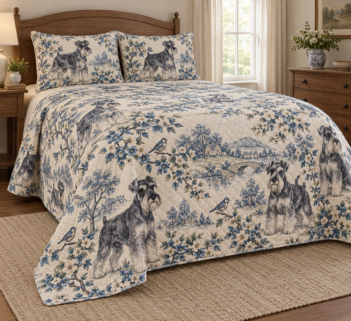 Schnauzer Blue Country Toile Quilt Set, low side-angle bedroom view