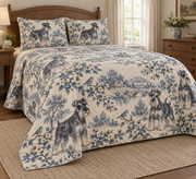 Schnauzer Blue Country Toile Quilt Set, low side-angle bedroom view