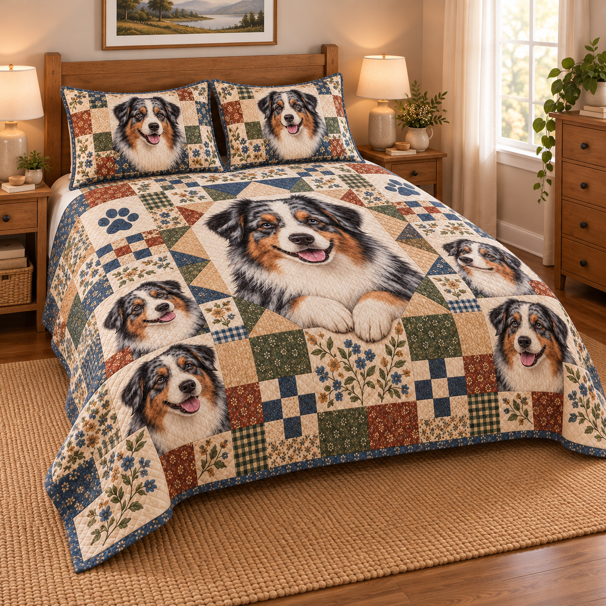 Australian Shepherd Heritage Patchwork Quilt Set, low side-angle bedroom view