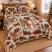 Boxer Vintage Christmas Postcards Quilt Set, low side-angle bedroom view
