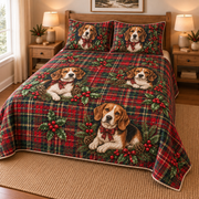Beagle Heritage Tartan Christmas Quilt Set, low side-angle bedroom view