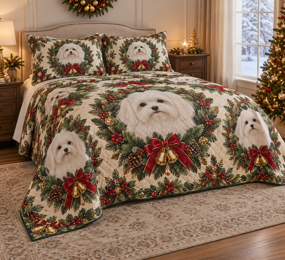 Maltese Christmas Wreath Quilt Set, low side-angle bedroom view