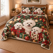 Bichon Frise Gifts and Puppies Christmas Quilt Set, low side-angle bedroom view