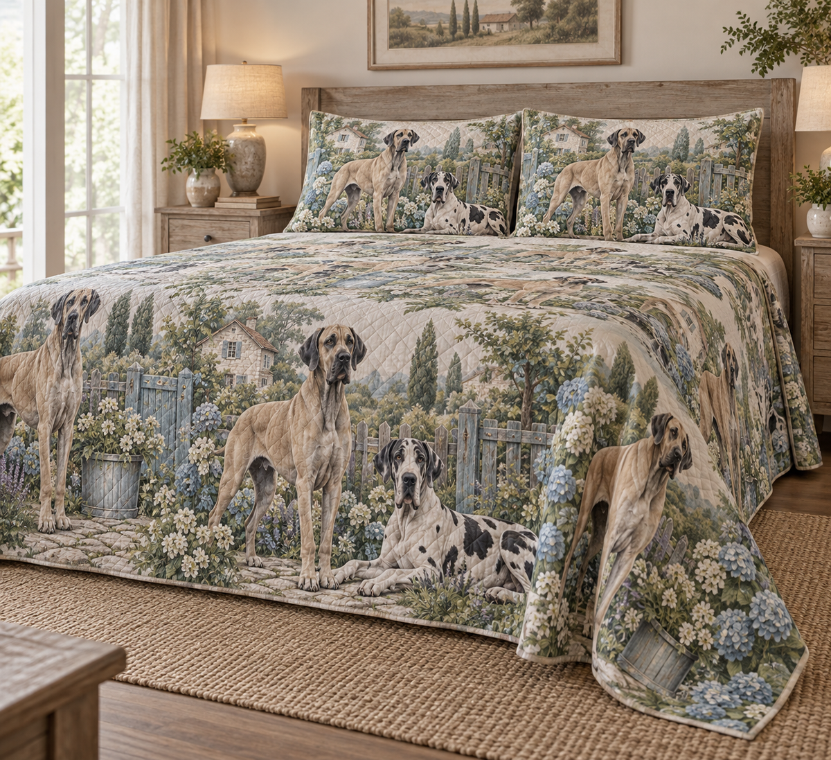 Great Dane Rustic Farmhouse Quilt Set, low side-angle bedroom view
