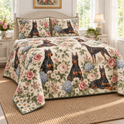 Doberman Pinscher Cottage Floral Quilt Set, low side-angle bedroom view