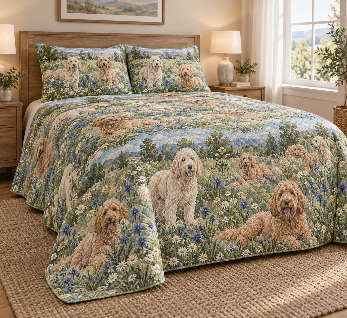 Labradoodle Wildflower Meadow Quilt Set, low side-angle bedroom view