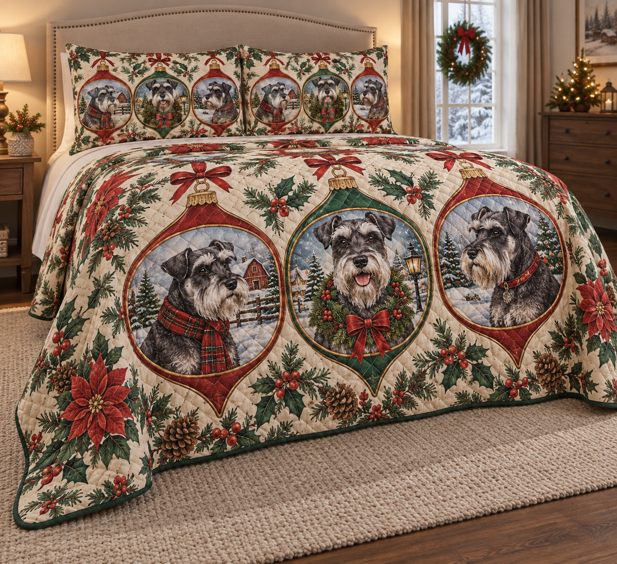 Schnauzer Ornament Medallions Christmas Quilt Set, low side-angle bedroom view