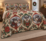 Schnauzer Ornament Medallions Christmas Quilt Set, low side-angle bedroom view