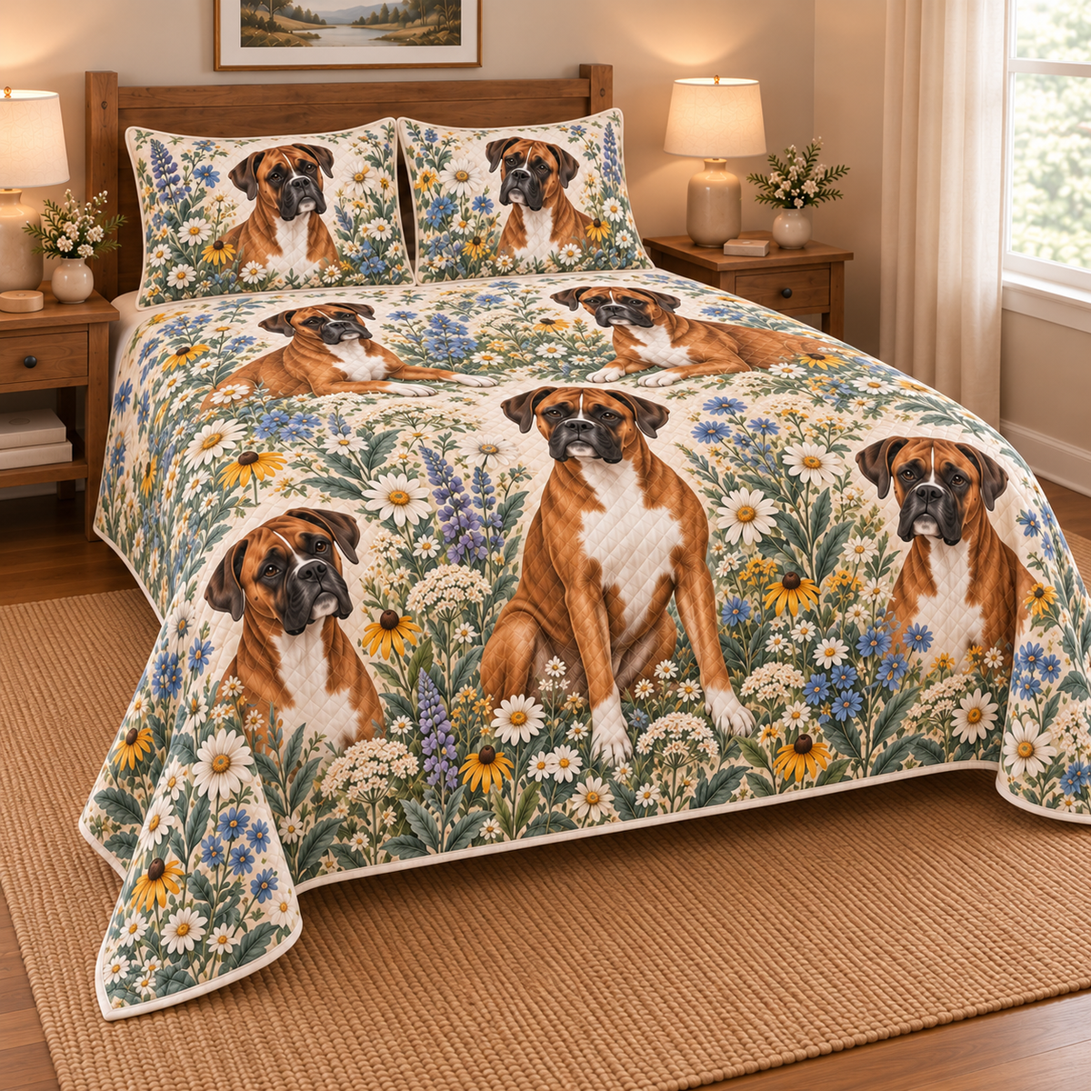 Boxer Wildflower Meadow Quilt Set, low side-angle bedroom view