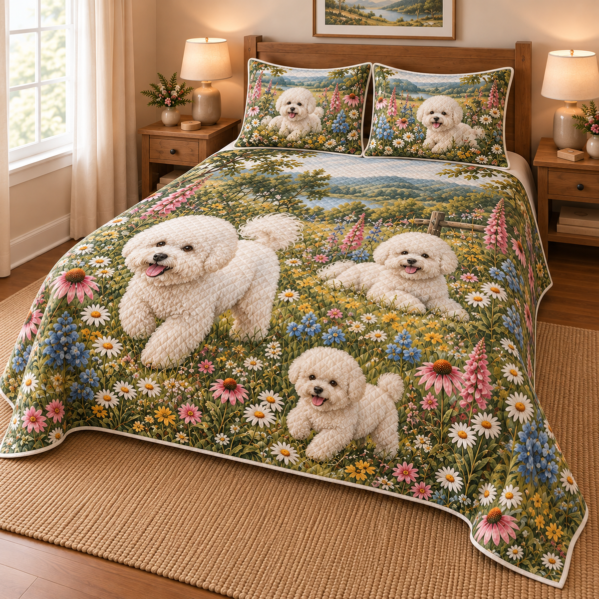 Bichon Frise Wildflower Meadow Quilt Set, low side-angle bedroom view