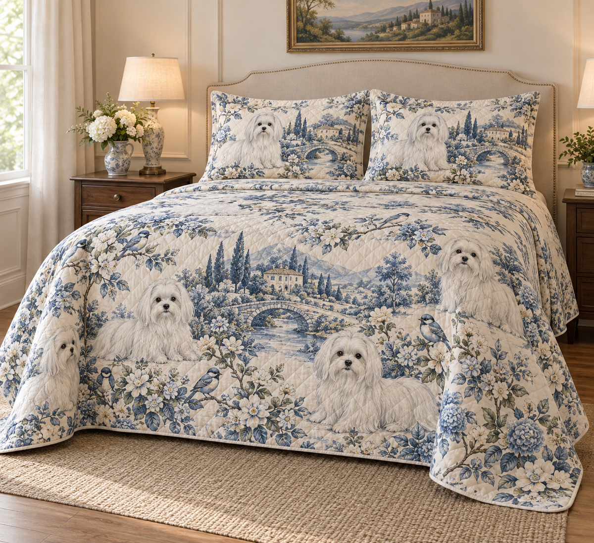 Maltese Blue Country Toile Quilt Set, low side-angle bedroom view