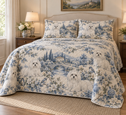 Maltese Blue Country Toile Quilt Set, low side-angle bedroom view