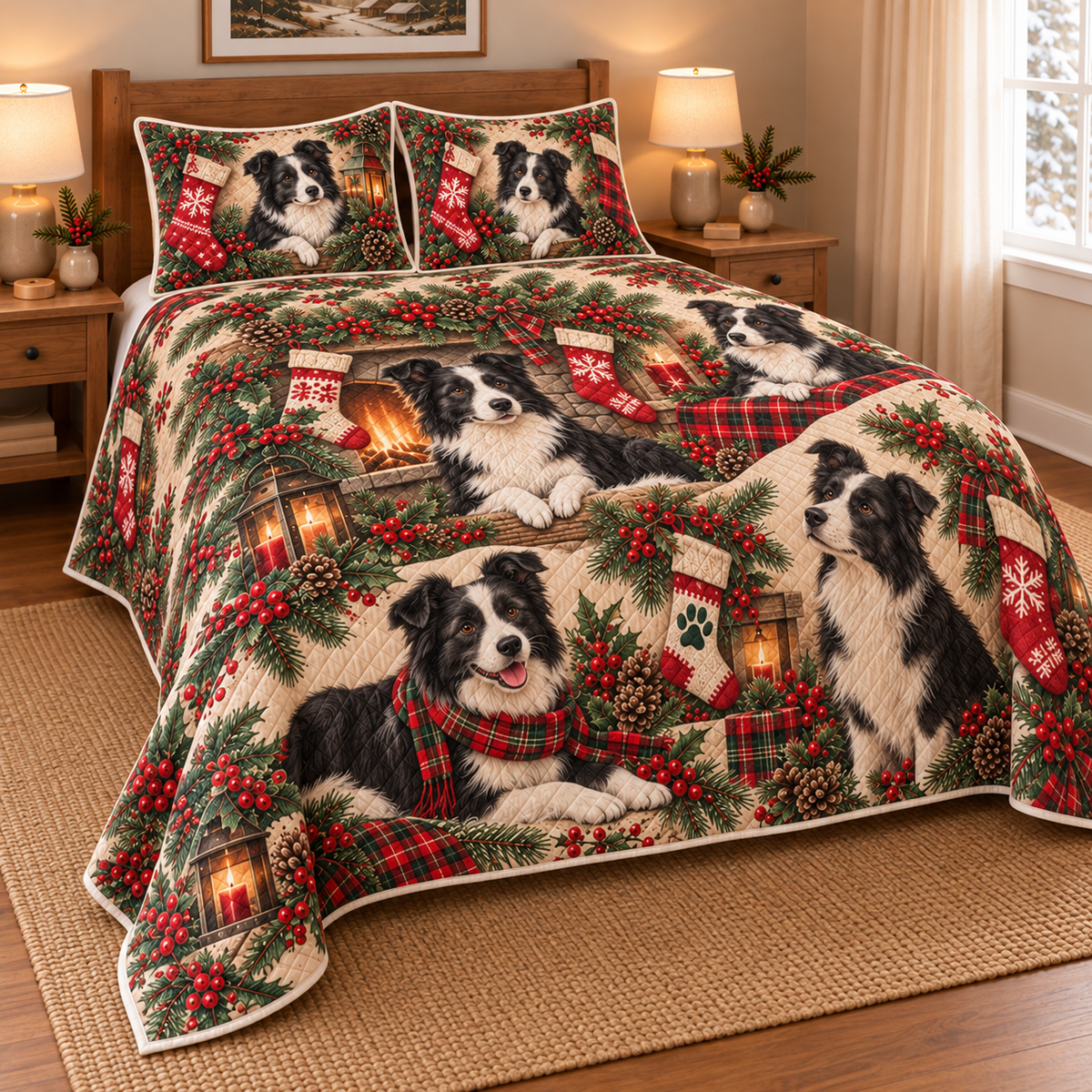 Border Collie Stocking Mantel Christmas Quilt Set, low side-angle bedroom view