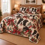 Border Collie Peppermint Ribbons Christmas Quilt Set, low side-angle bedroom view