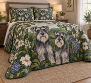 Schnauzer Garden Stained Glass Quilt Set, low side-angle bedroom view