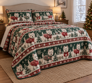 West Highland White Terrier Cozy Sweater Christmas Quilt Set, low side-angle bedroom view