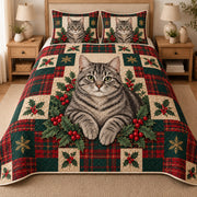 Gray Tabby Cat Heritage Tartan Christmas Quilt Set, matching mockup detail view