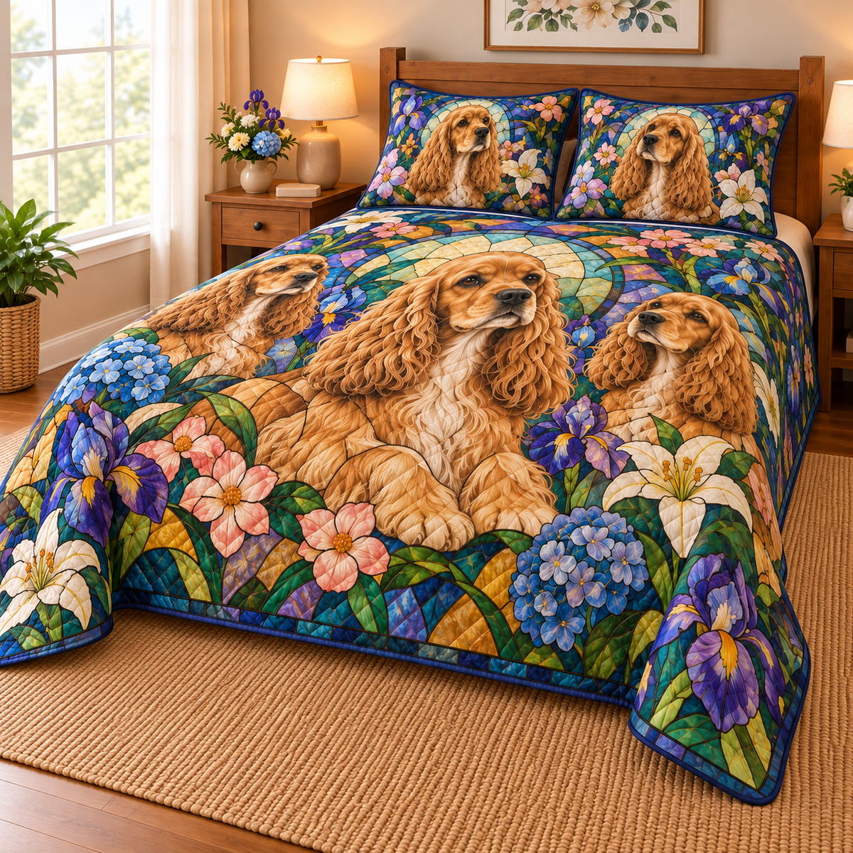 Cocker Spaniel Garden Stained Glass Quilt Set, low side-angle bedroom view
