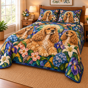 Cocker Spaniel Garden Stained Glass Quilt Set, low side-angle bedroom view