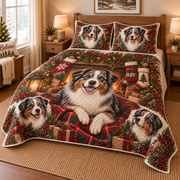 Australian Shepherd Stocking Mantel Christmas Quilt Set, low side-angle bedroom view