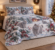 British Shorthair Cat Snowy Watercolor Christmas Quilt Set, low side-angle bedroom view