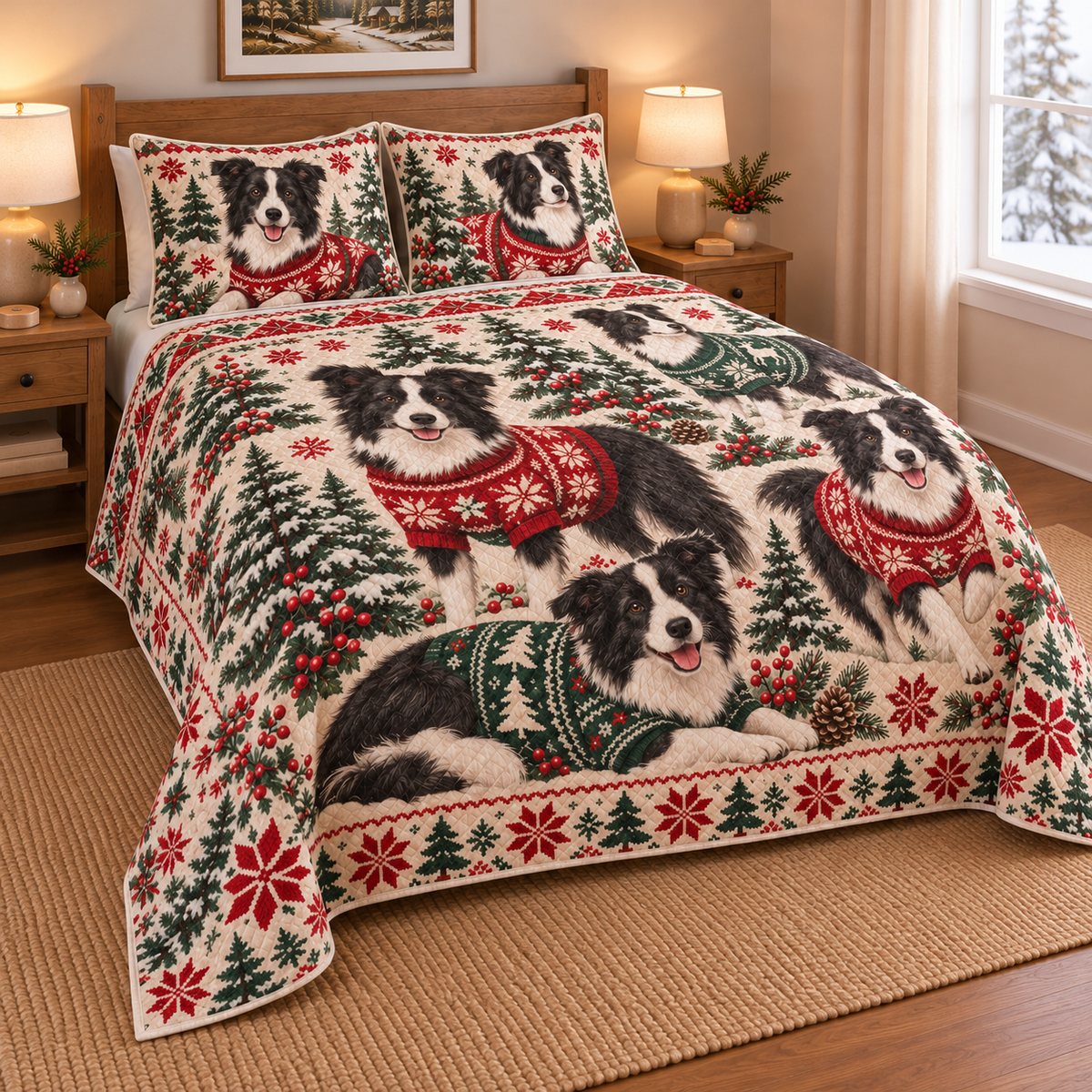 Border Collie Cozy Christmas Sweater Quilt Set, low side-angle bedroom view