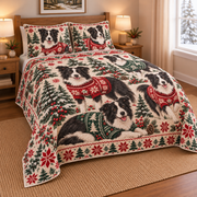 Border Collie Cozy Christmas Sweater Quilt Set, low side-angle bedroom view