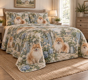 Pomeranian Rustic Farmhouse Quilt Set, low side-angle bedroom view
