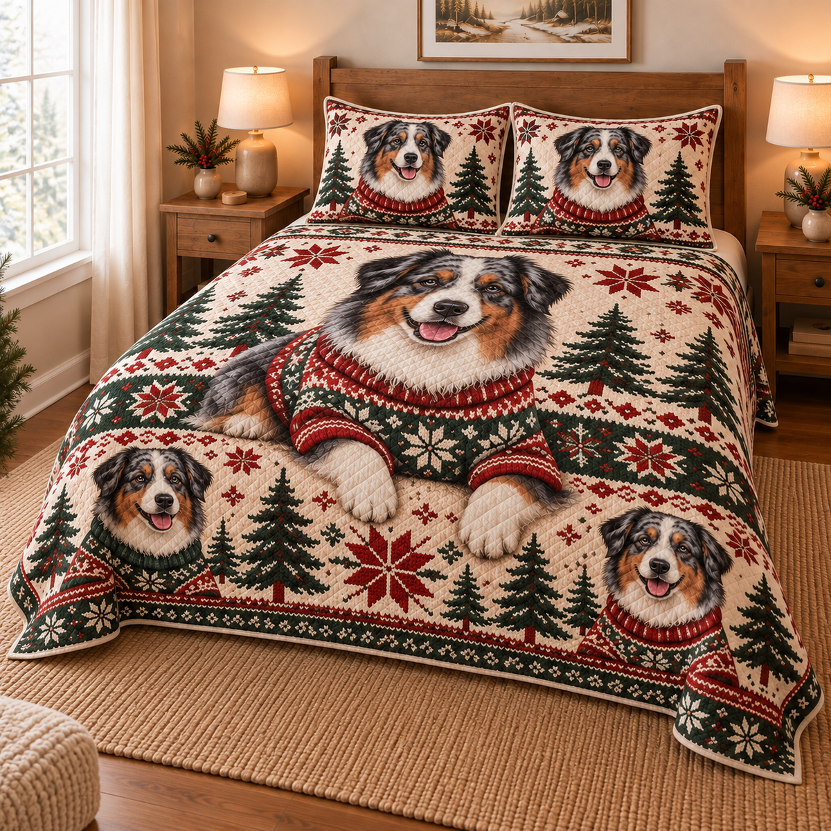 Australian Shepherd Cozy Christmas Sweater Quilt Set, low side-angle bedroom view