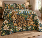 Bengal Cat Garden Stained Glass Quilt Set, low side-angle bedroom view
