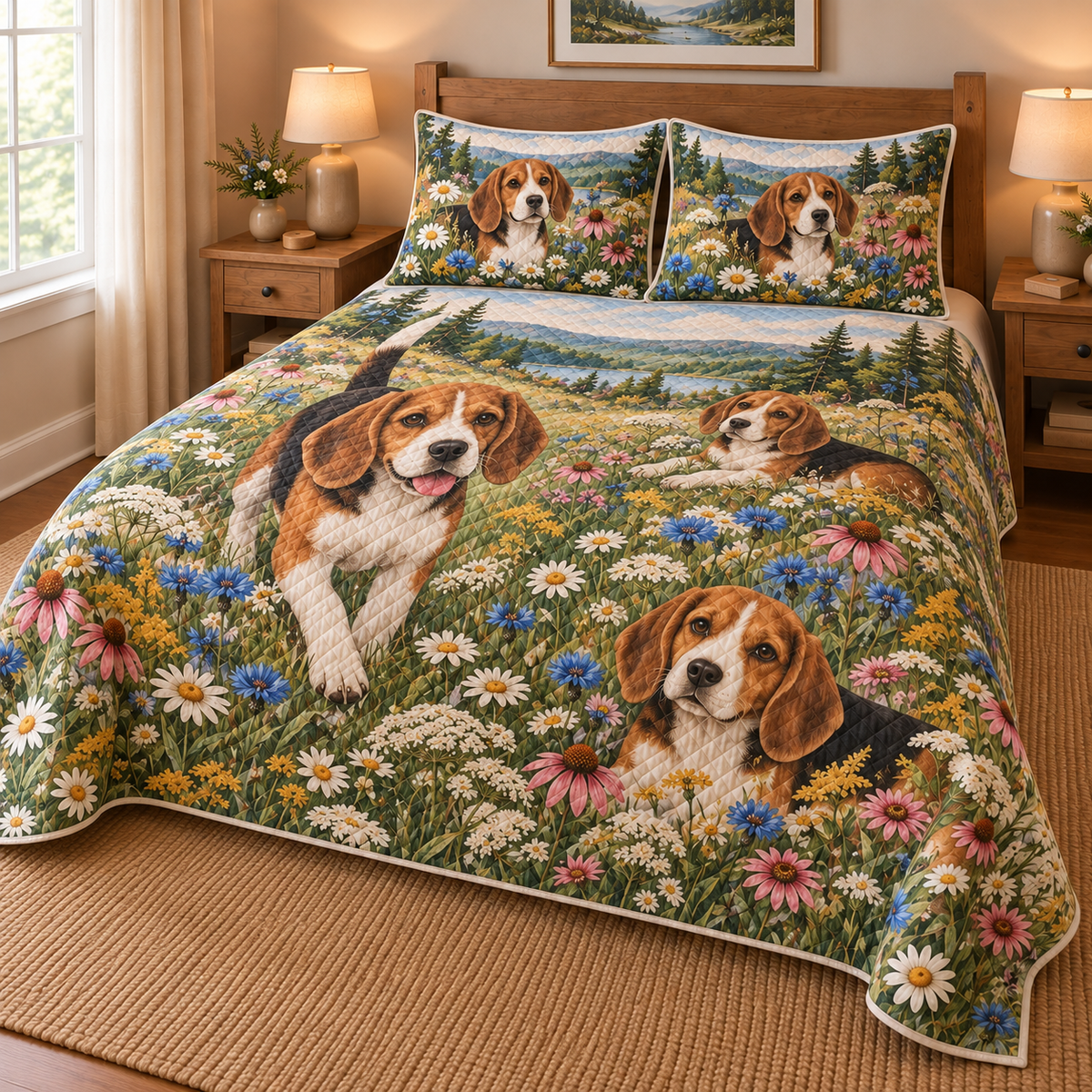Beagle Wildflower Meadow Quilt Set, low side-angle bedroom view