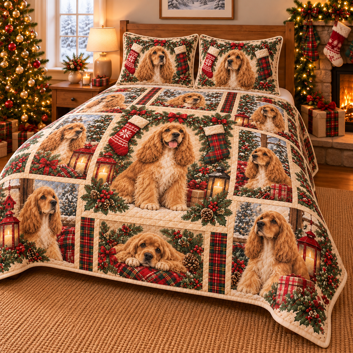 Cocker Spaniel Stocking Mantel Christmas Quilt Set, low side-angle bedroom view