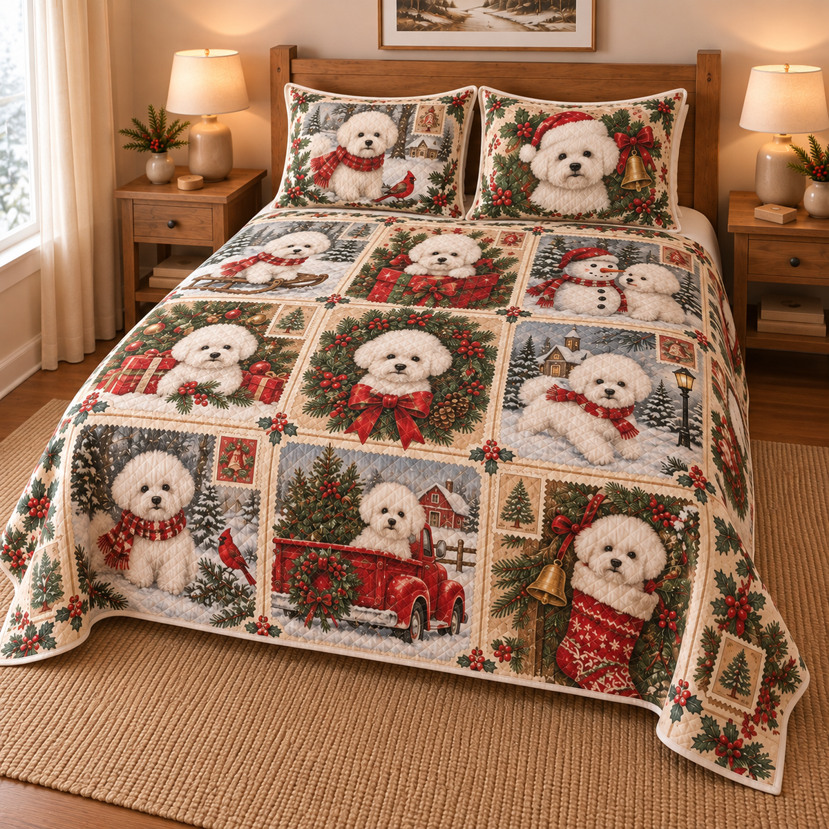 Bichon Frise Vintage Christmas Postcards Quilt Set, low side-angle bedroom view