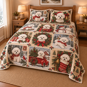 Bichon Frise Vintage Christmas Postcards Quilt Set, low side-angle bedroom view