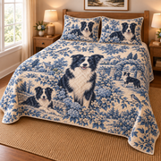 Border Collie Blue Country Toile Quilt Set, low side-angle bedroom view