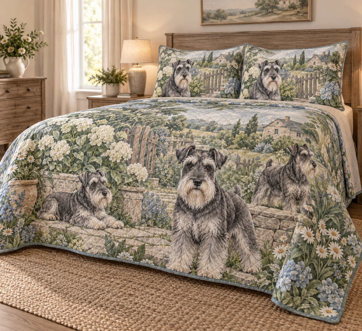 Schnauzer Rustic Farmhouse Quilt Set, low side-angle bedroom view