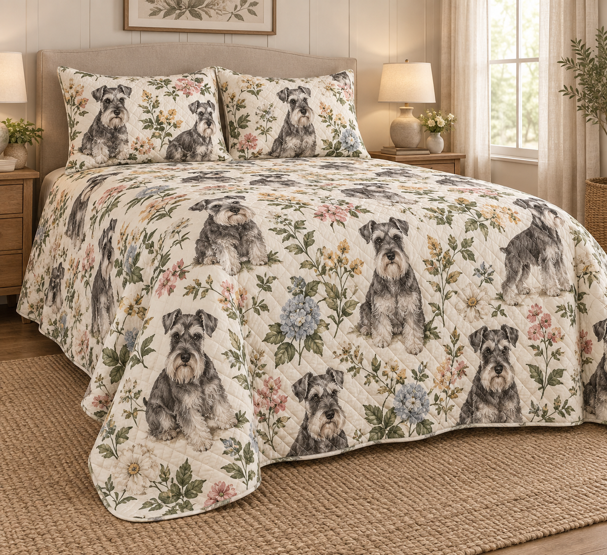 Schnauzer Cottage Floral Quilt Set, low side-angle bedroom view