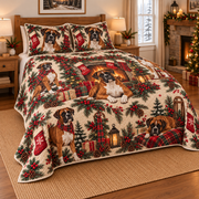 Boxer Stocking Mantel Christmas Quilt Set, low side-angle bedroom view