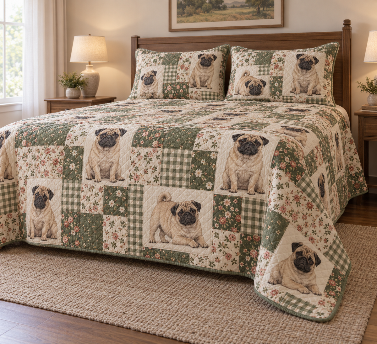 Pug Heritage Patchwork Quilt Set, low side-angle bedroom view