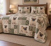 Pug Heritage Patchwork Quilt Set, low side-angle bedroom view