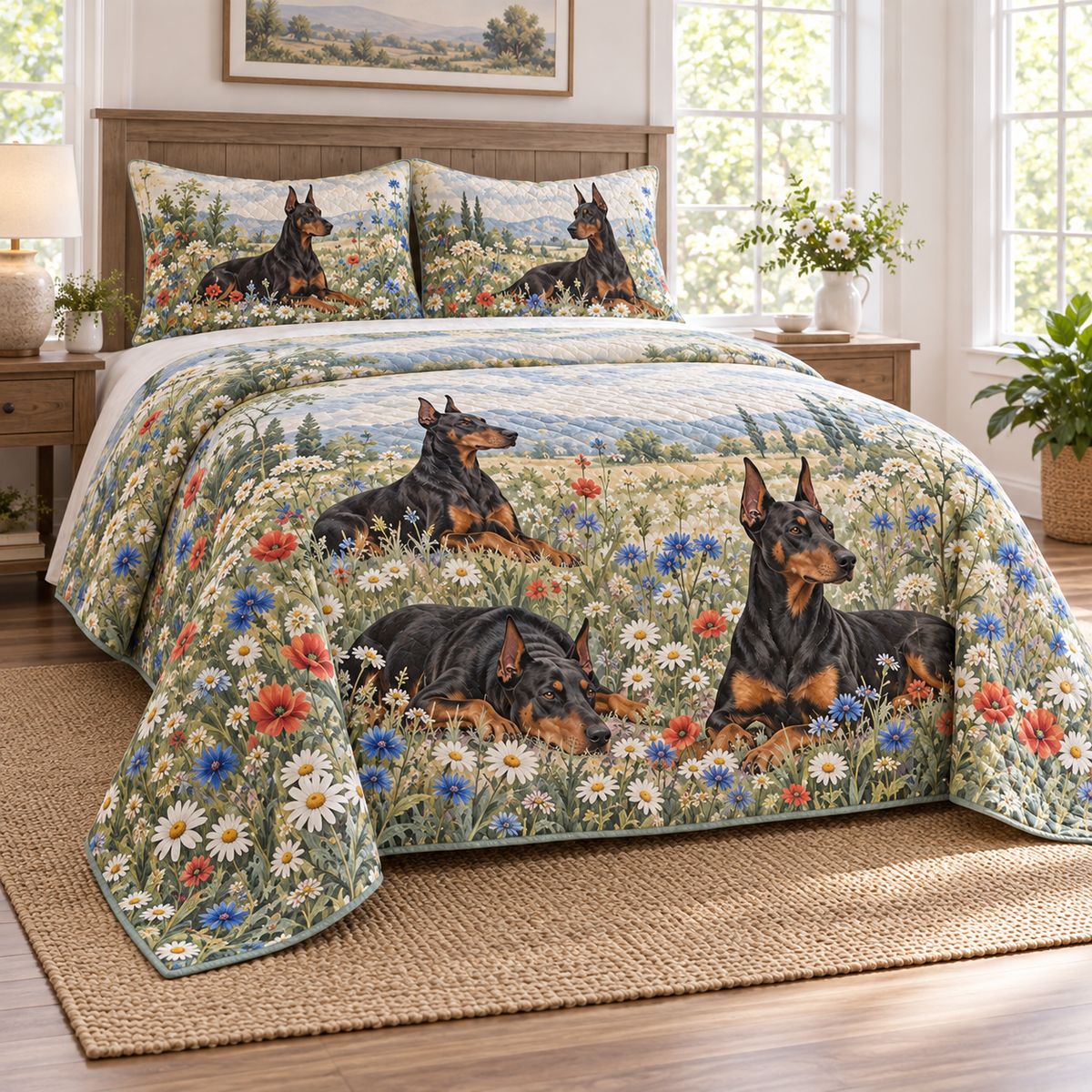 Doberman Pinscher Wildflower Meadow Quilt Set, low side-angle bedroom view