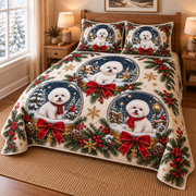 Bichon Frise Winter Snow Globes Christmas Quilt Set, low side-angle bedroom view
